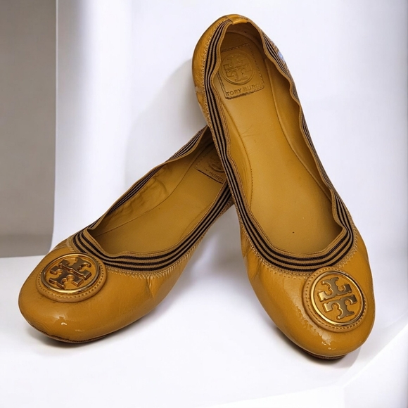 Tory Burch Caroline Flats Size 11 Tan Black Gold - Picture 1 of 12